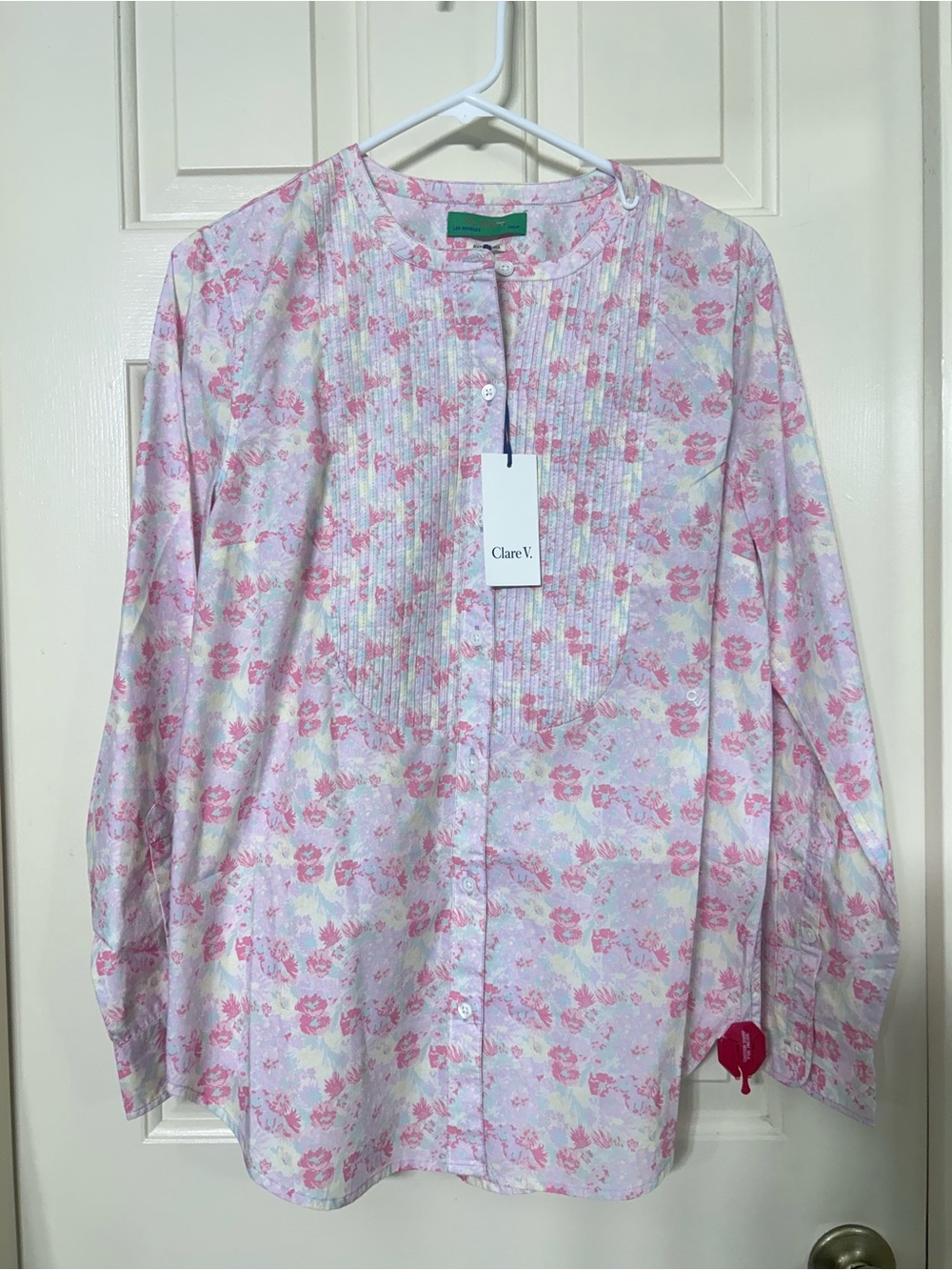 Clare V. Pink & White Floral Pintuck Button-Up Top